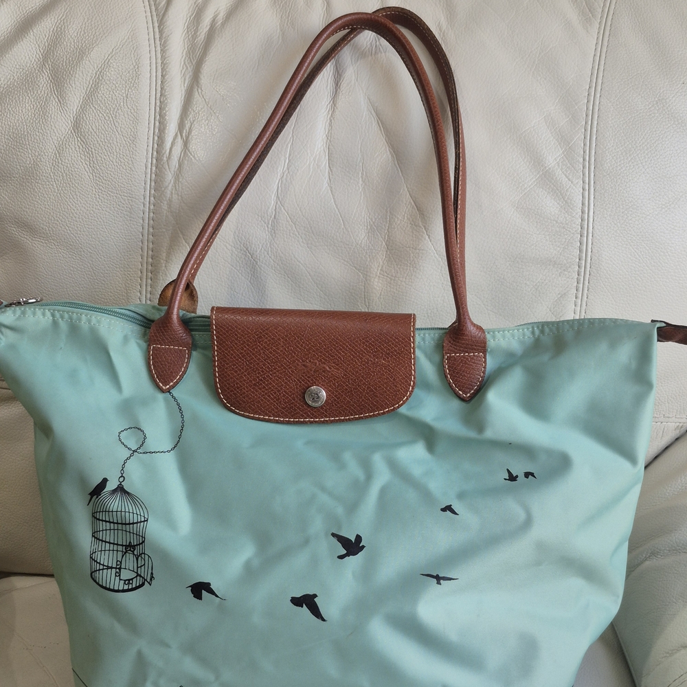 Longchamp Light Blue Tote with Brown Accents